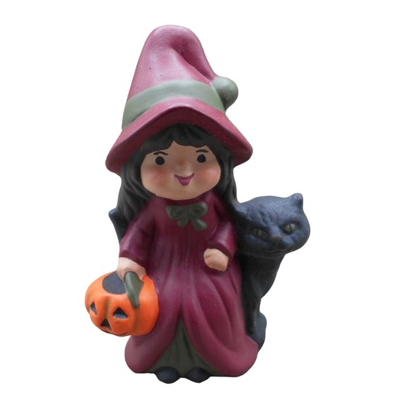 Trick or Treat Witch Girl w/Black Cat 7" Tall Vintage Ceramic Hand Painted - Picture 1 of 6